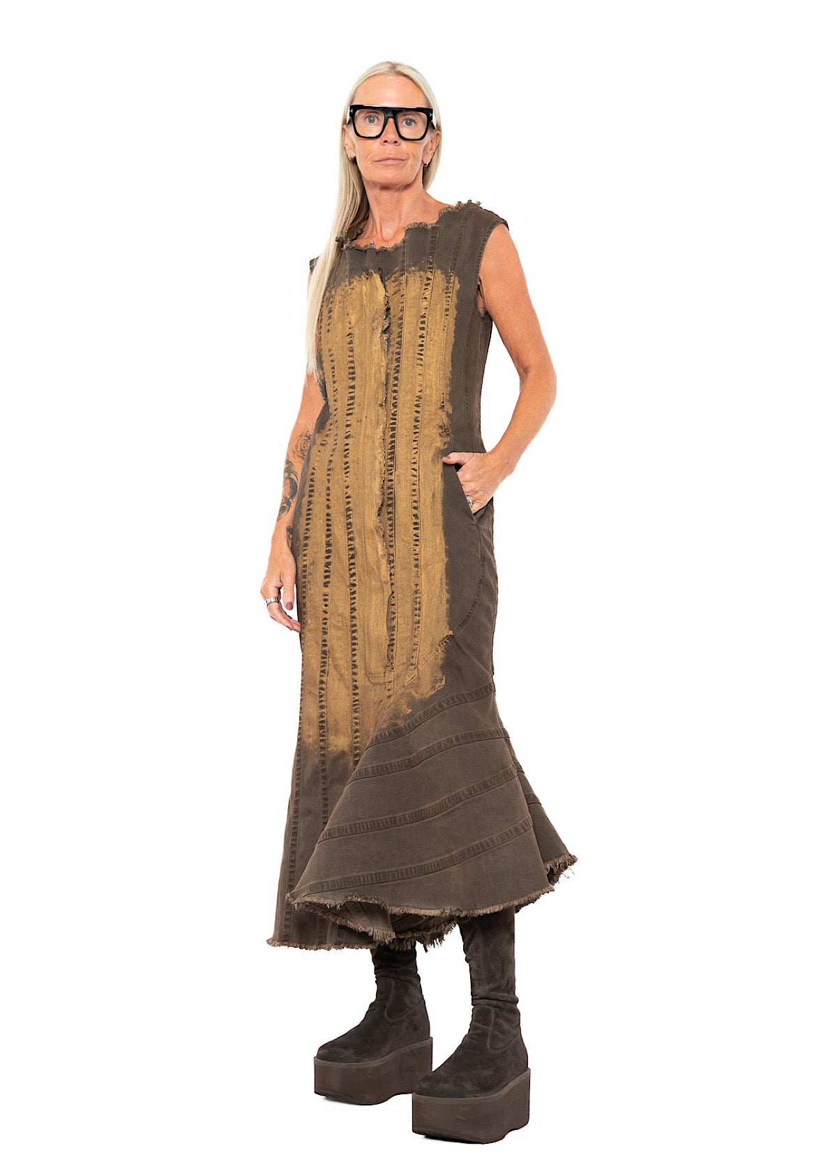 HAND-PAINTED GOLD PIGMENT DENIM DRESS
