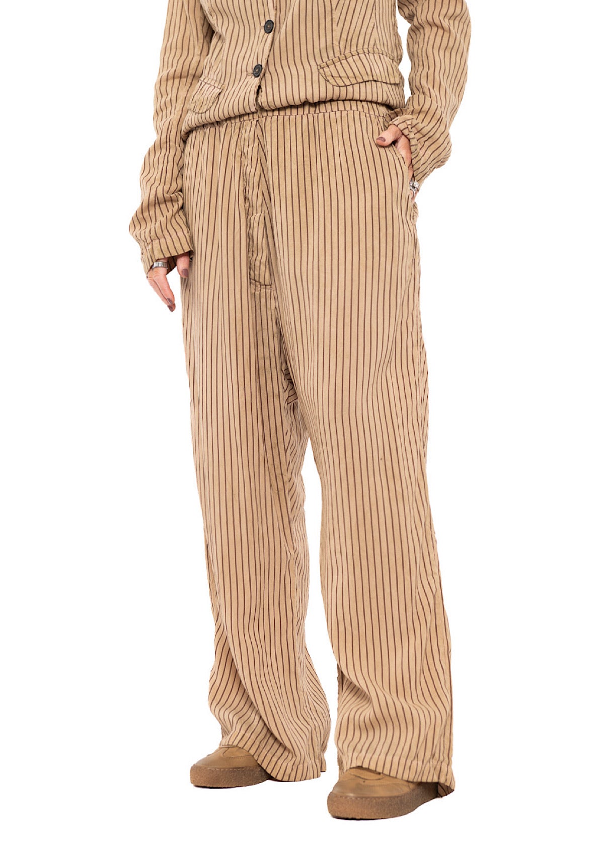 GARMENT-DYED SILK STRIPE TROUSER