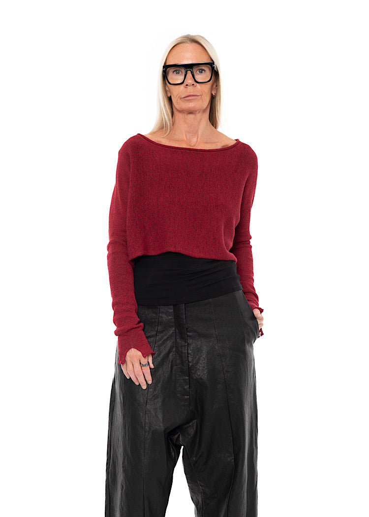 CROPPED LINEN-BLEND KNITTED PULLOVER