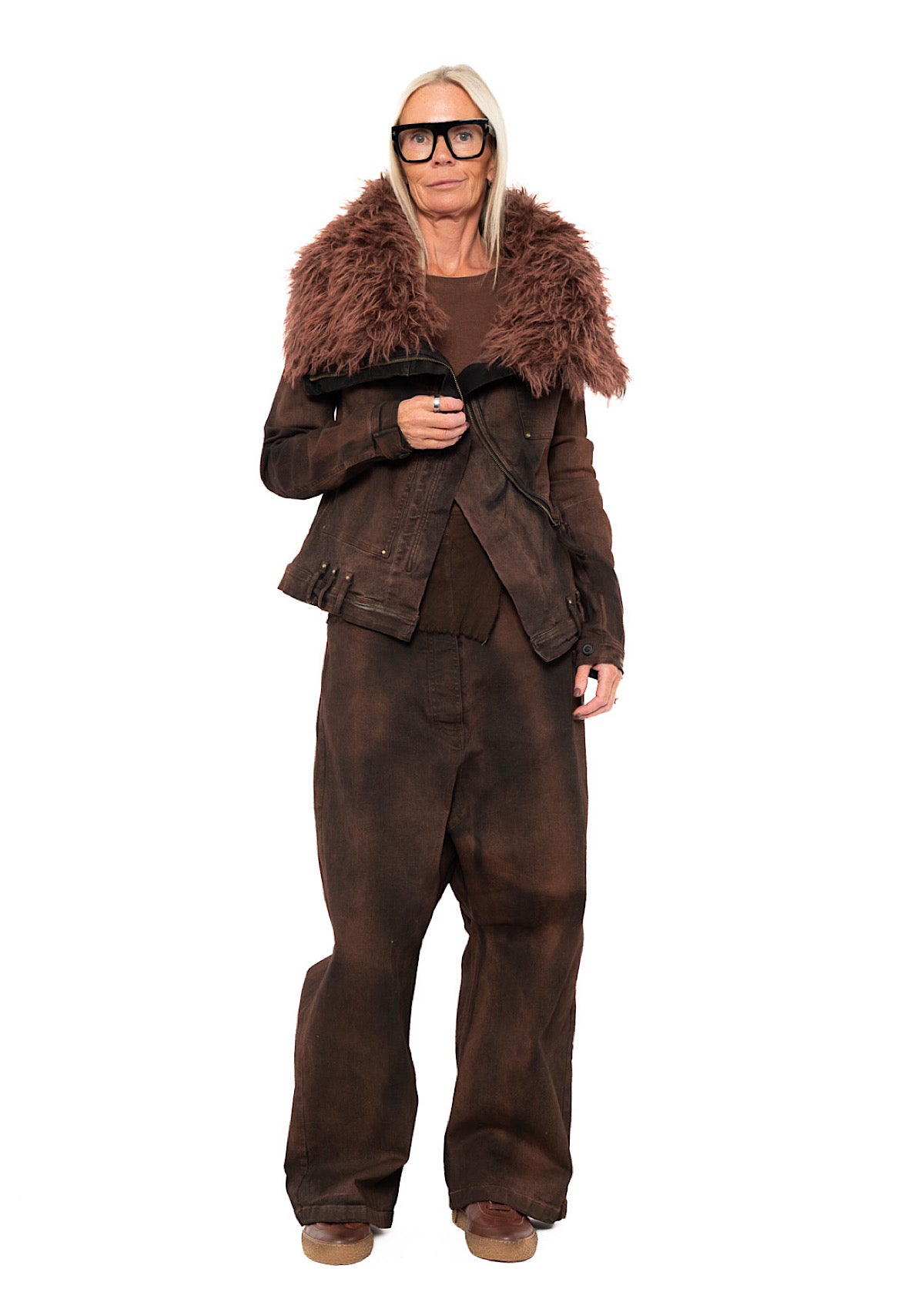FITTED FAUX FUR-TRIM DENIM JACKET