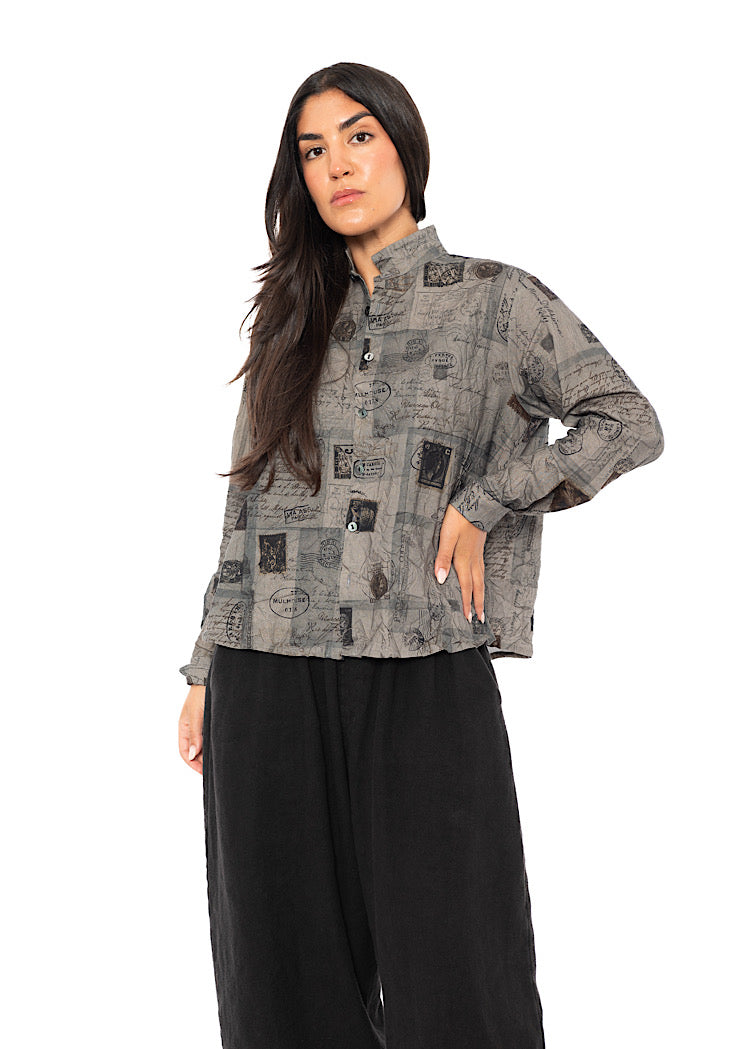 CRINKLE-COTTON TRAVEL PRINT SHIRT