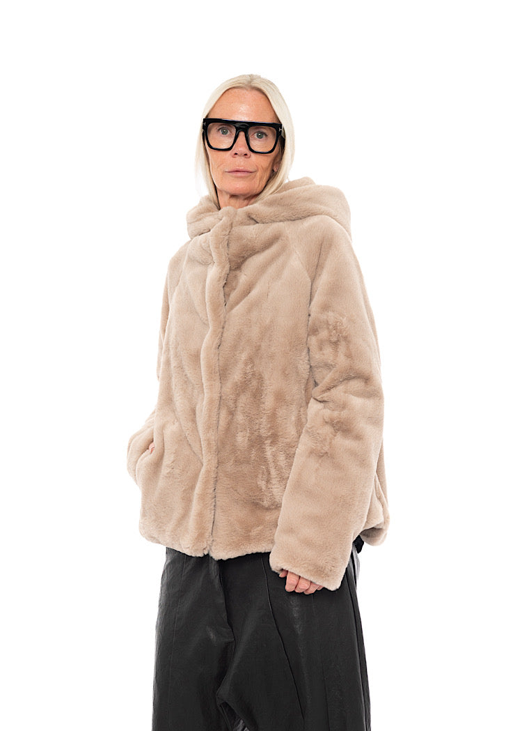 CROPPED HOODED FAUX FUR JACKET