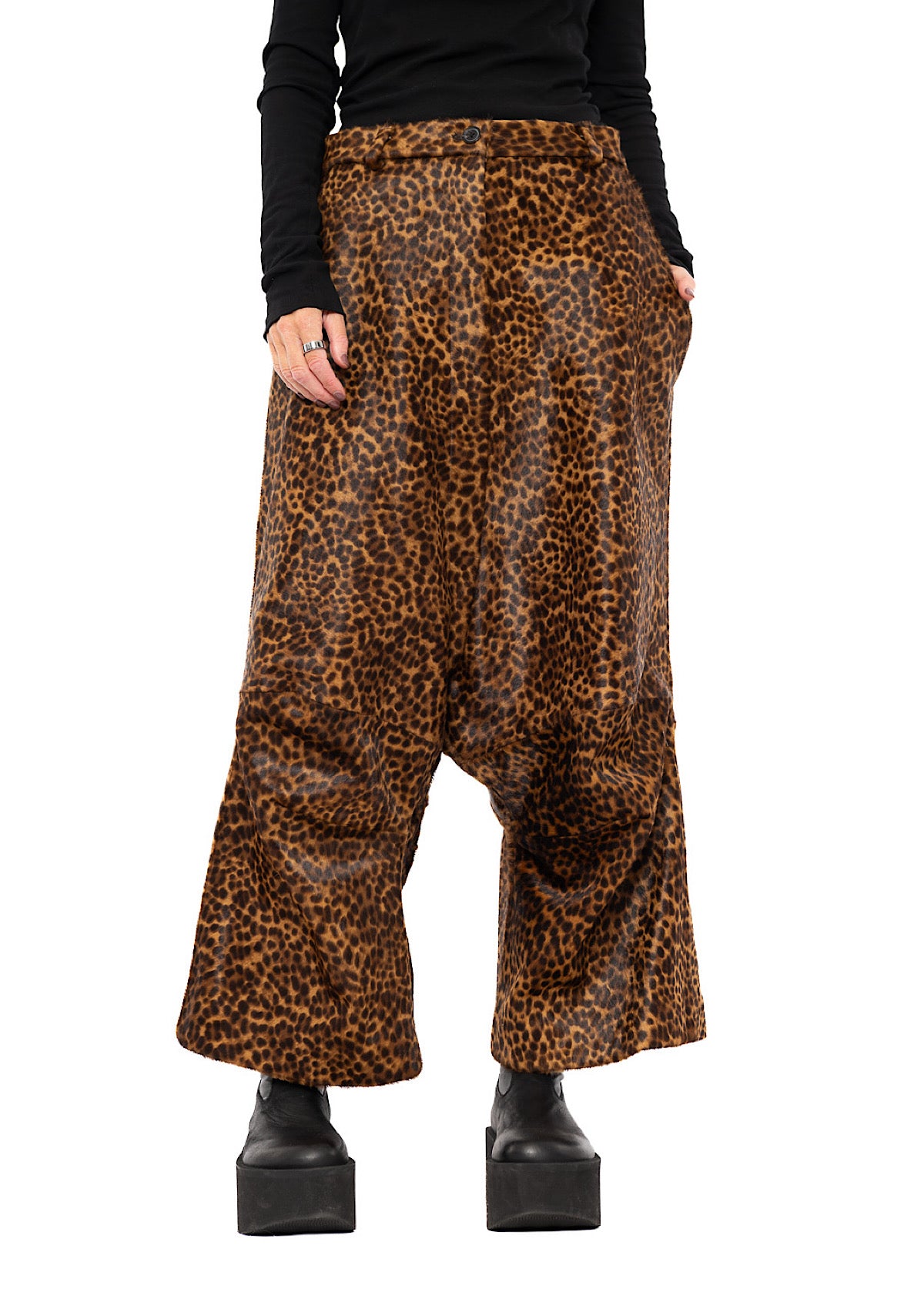 LEOPARD LEATHER DROP CROTCH TROUSER
