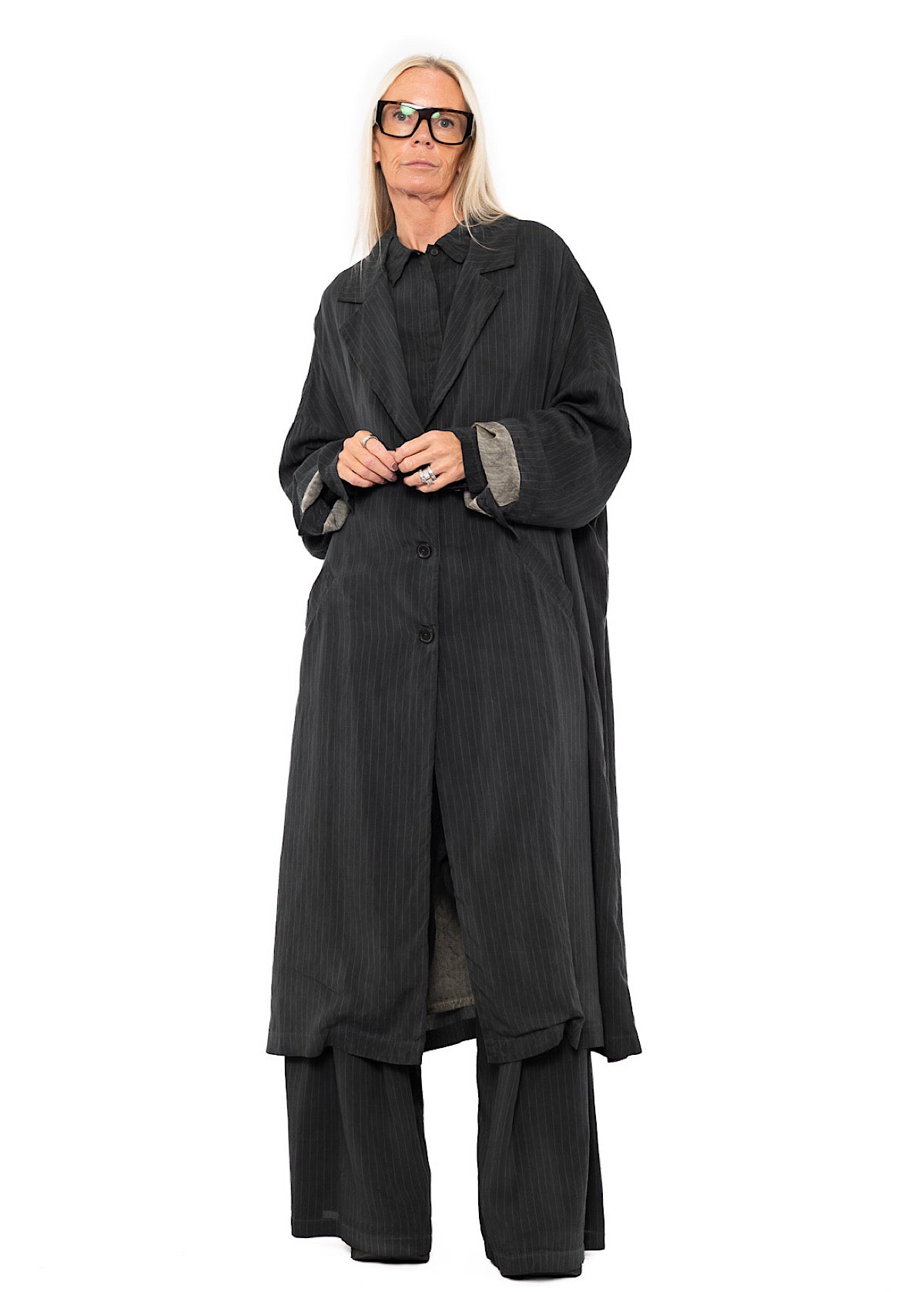 OVERSIZED PINSTRIPE DRAPED COAT