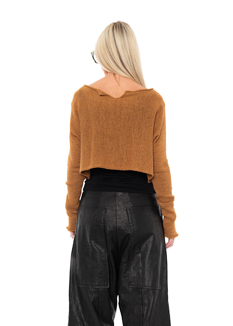 CROPPED LINEN-BLEND KNITTED PULLOVER
