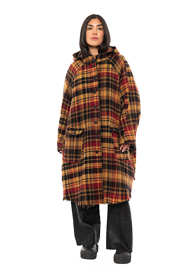 HOODED CHECK WOOL COAT