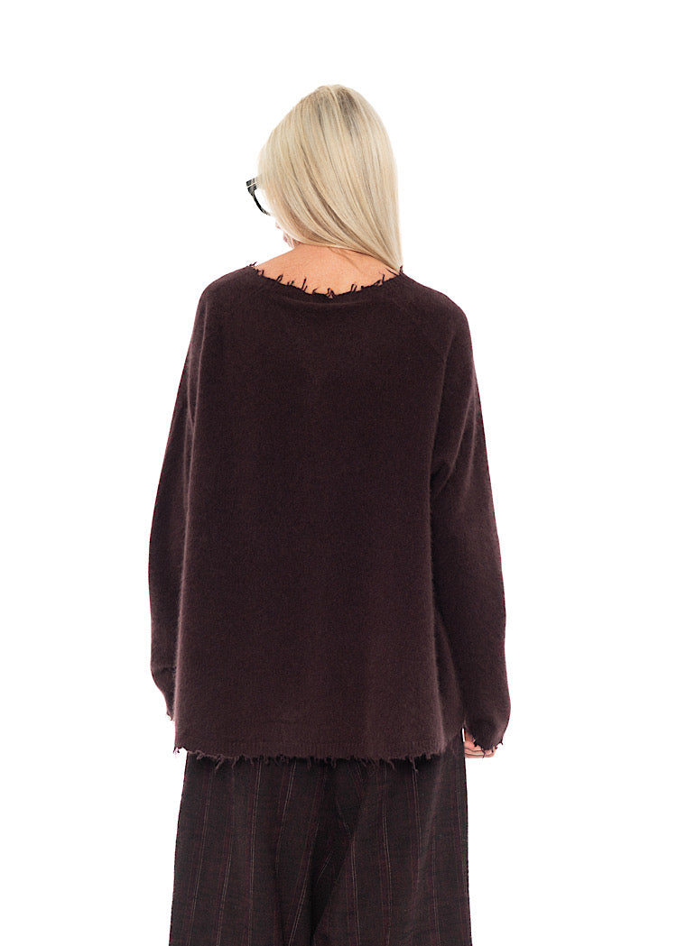 DISTRESSED MERINO RACCOON PULLOVER