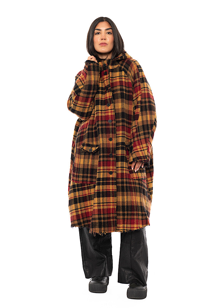 HOODED CHECK WOOL COAT