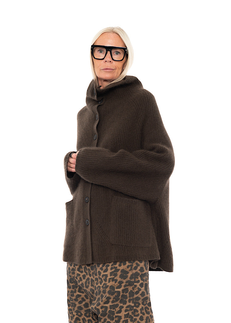 MERINO RACCOON FUNNEL NECK CARDIGAN