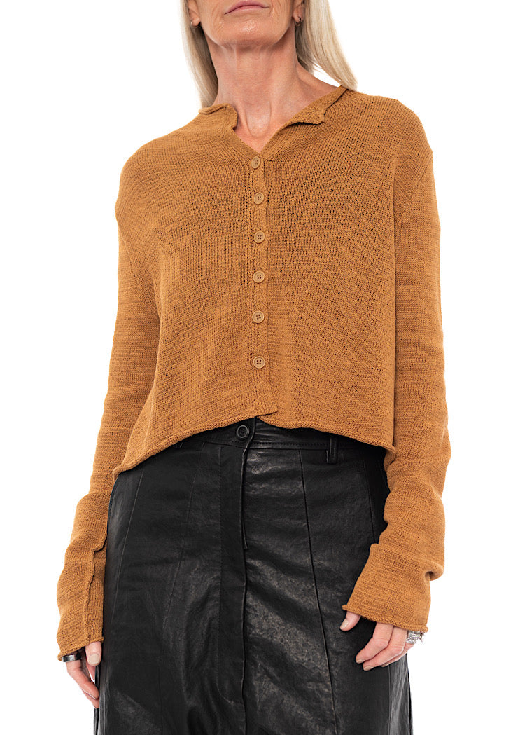 CROPPED LINEN-BLEND KNITTED CARDIGAN