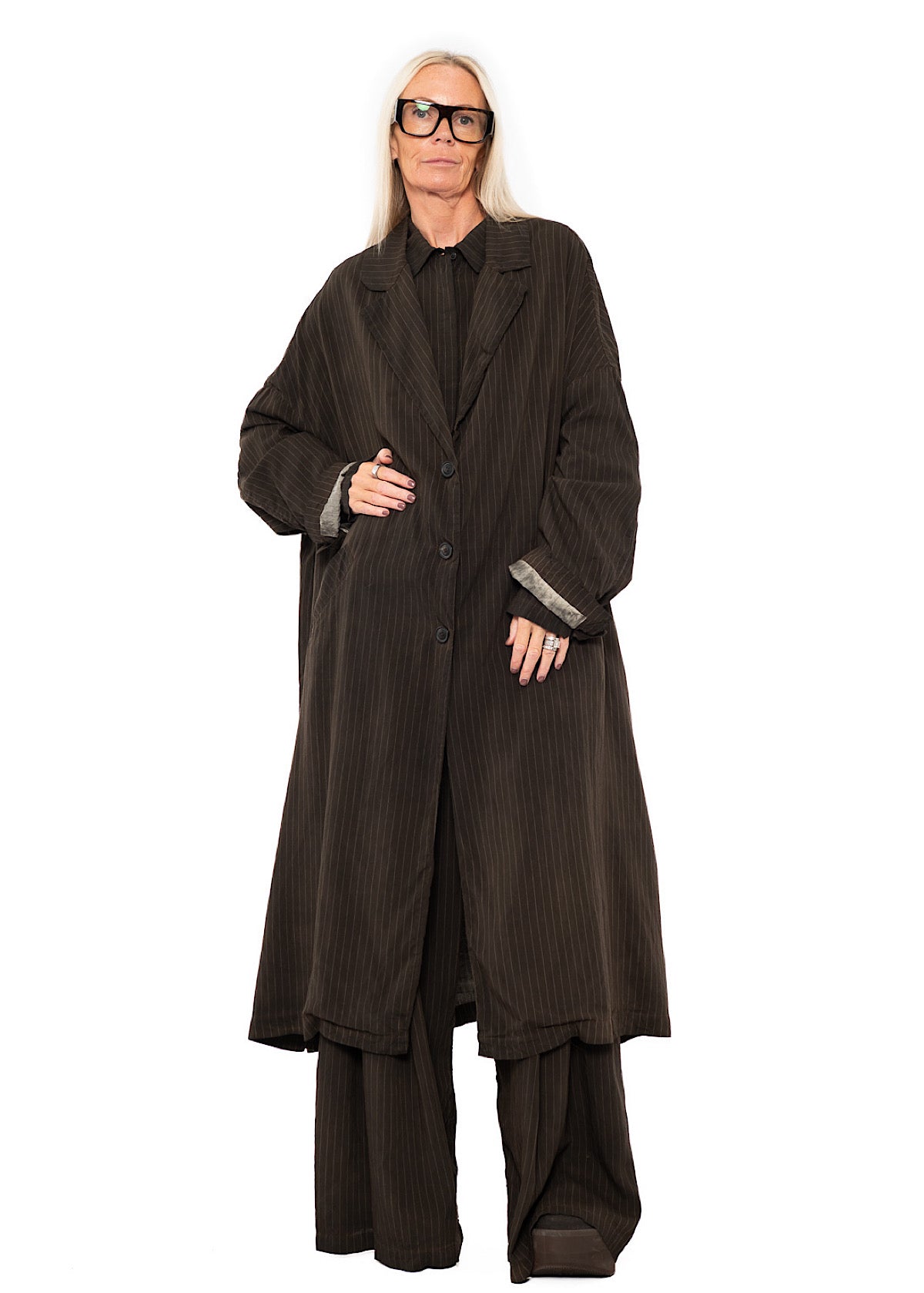 OVERSIZED PINSTRIPE DRAPED COAT