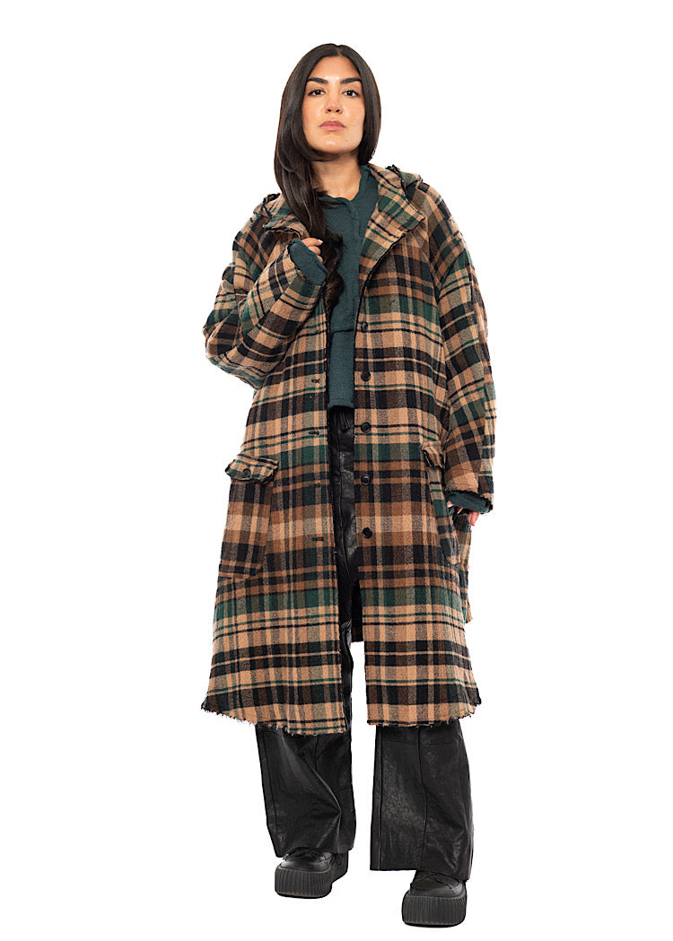 HOODED CHECK WOOL COAT