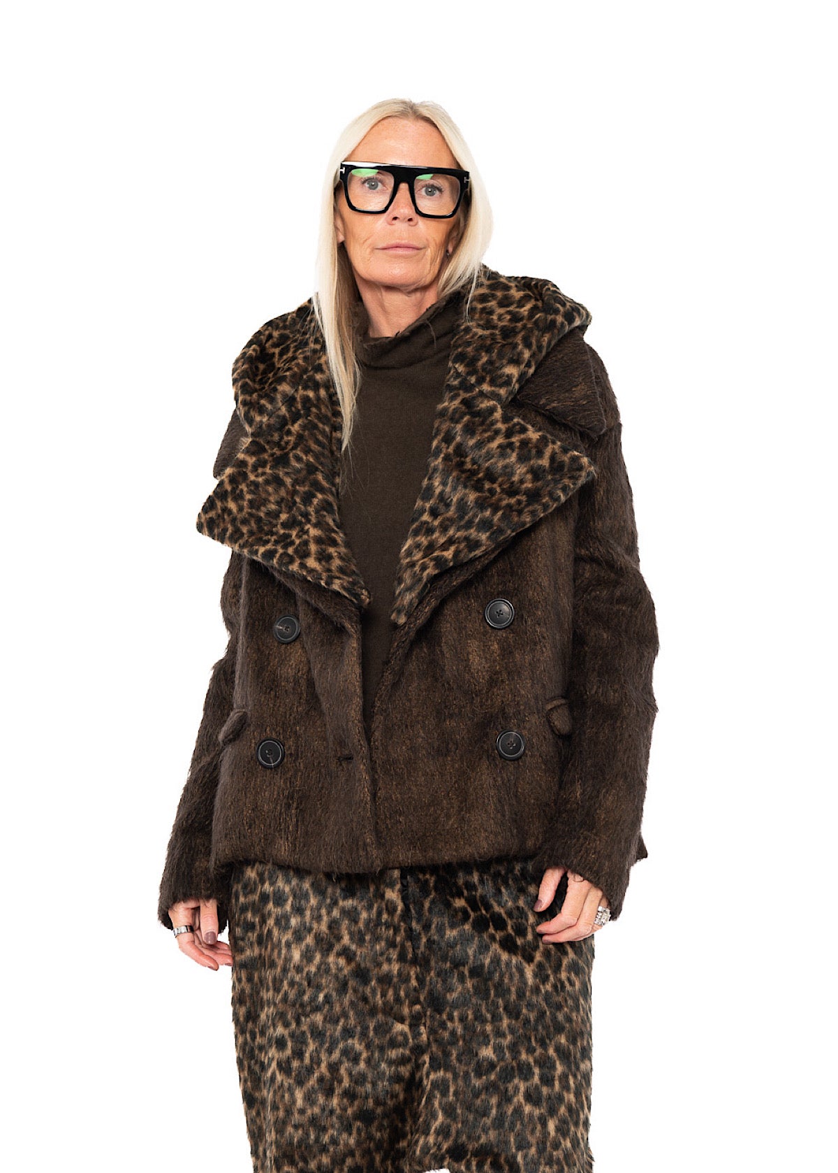 OVERSIZED LONG-HAIR WOOL JACKET WITH DETACHABLE LEOPARD COLLAR
