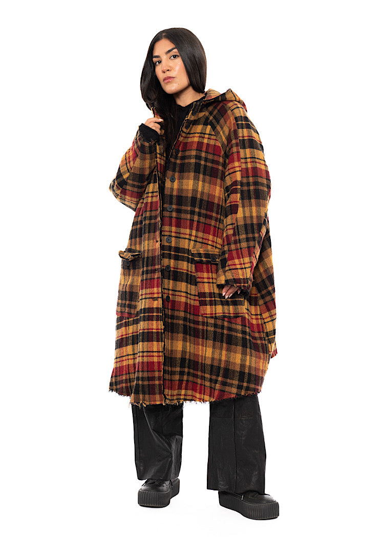 HOODED CHECK WOOL COAT
