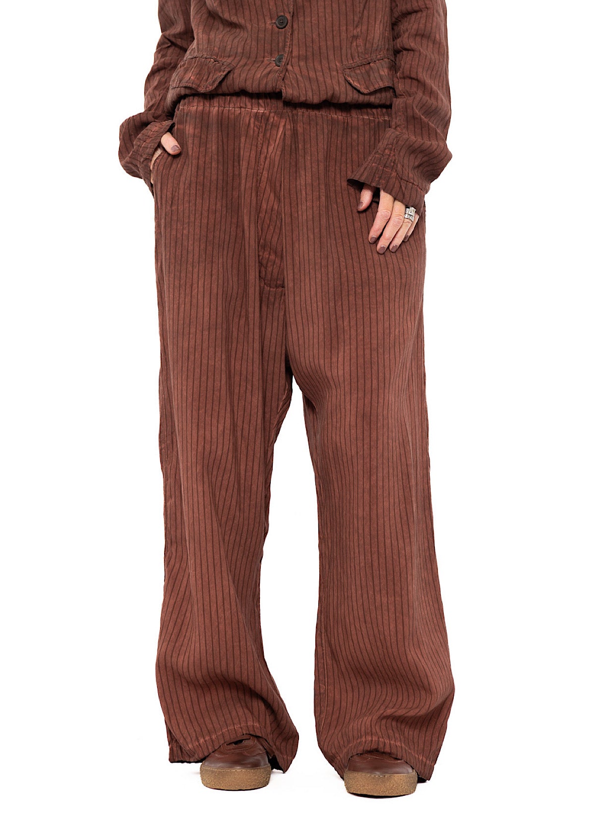 GARMENT-DYED SILK STRIPE TROUSER