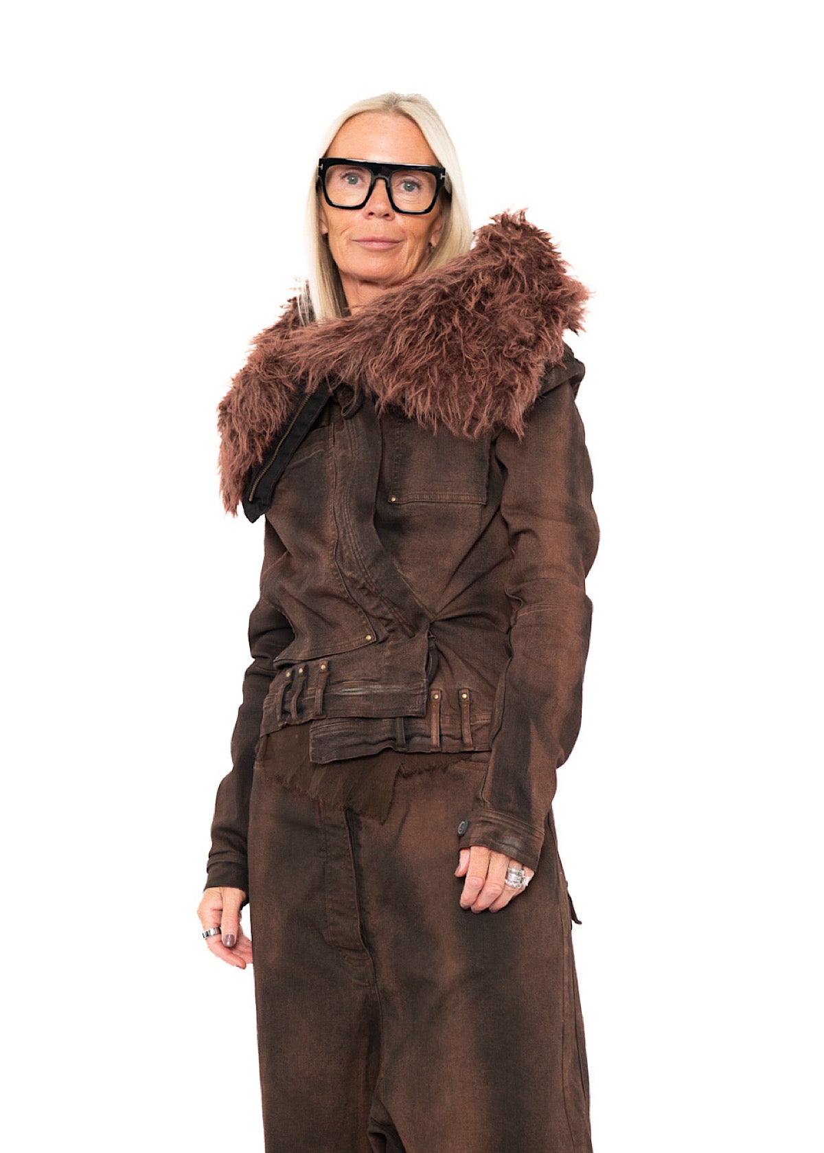 FITTED FAUX FUR-TRIM DENIM JACKET