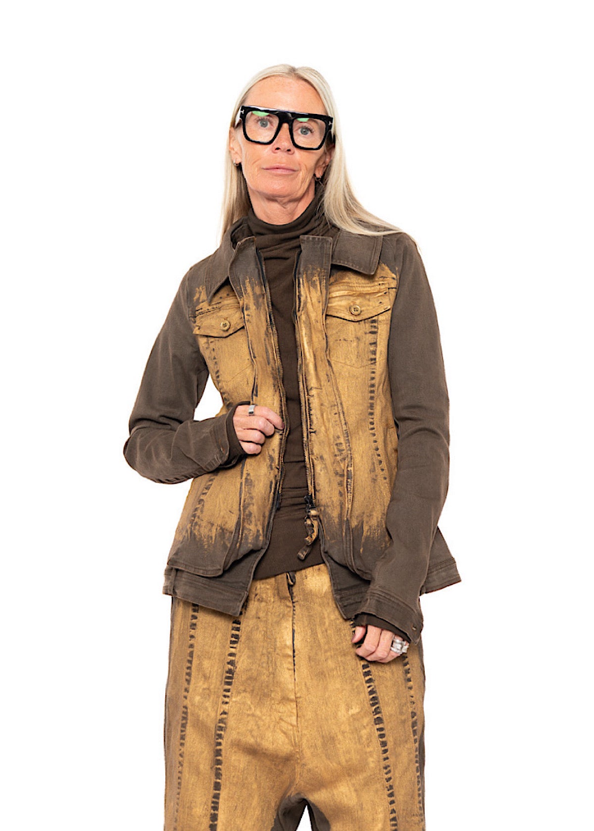 HAND-PAINTED GOLD STRETCH DENIM JACKET