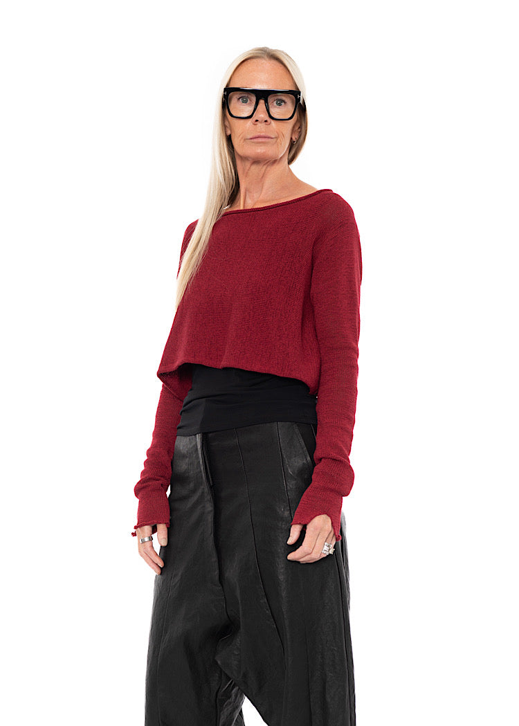 CROPPED LINEN-BLEND KNITTED PULLOVER
