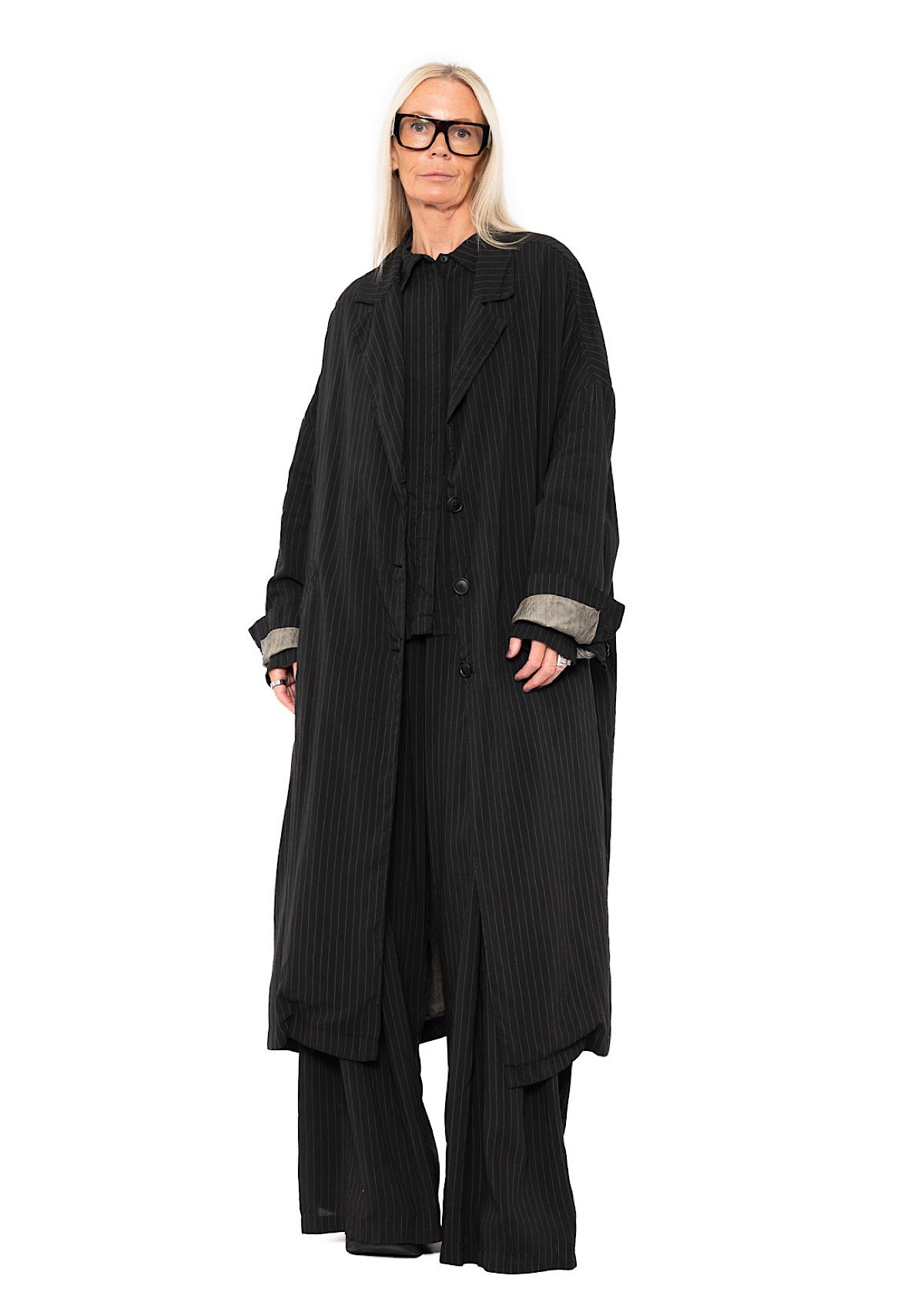 OVERSIZED PINSTRIPE DRAPED COAT
