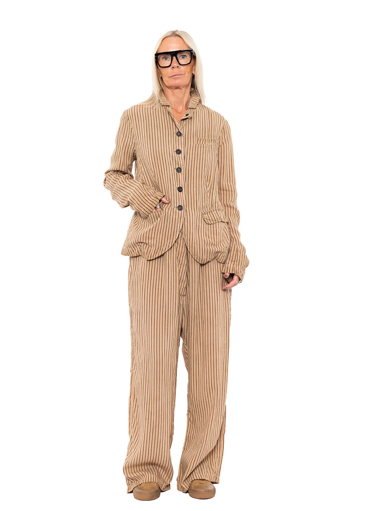 GARMENT-DYED SILK STRIPE TROUSER