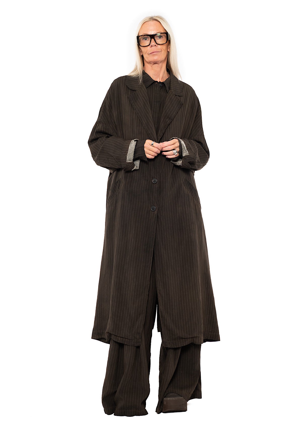 OVERSIZED PINSTRIPE DRAPED COAT
