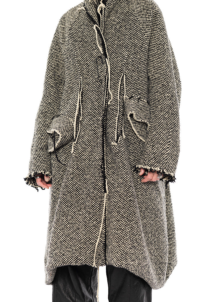 OVERSIZED DISTRESSED CHECK WOOL COAT