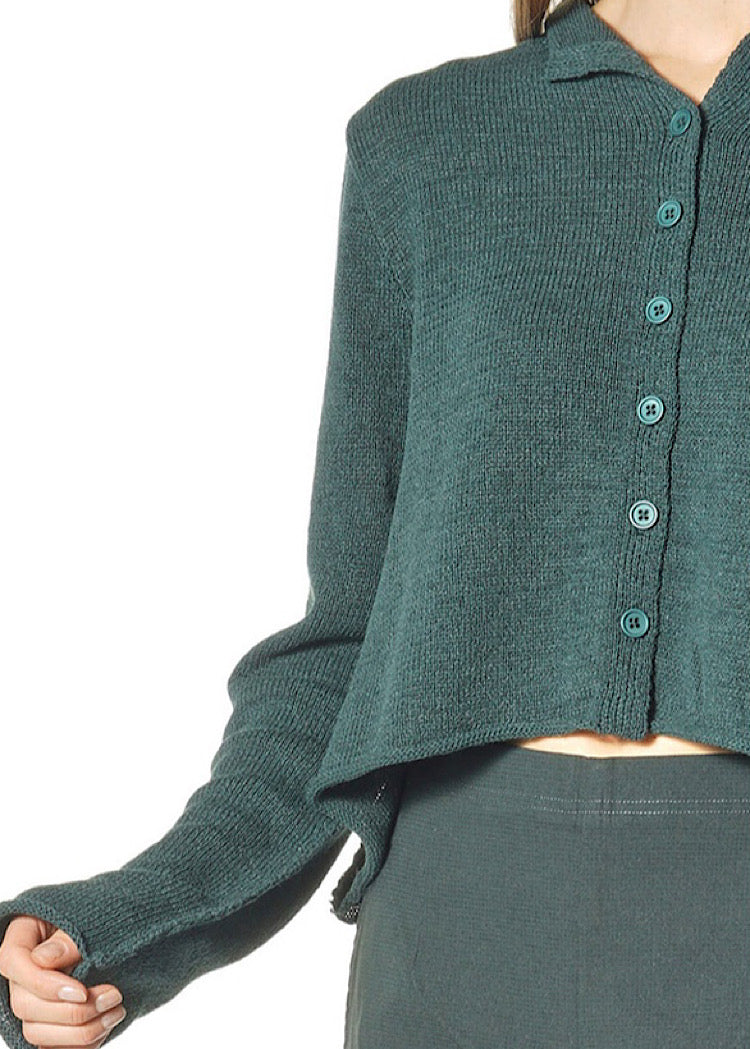 CROPPED LINEN-BLEND KNITTED CARDIGAN