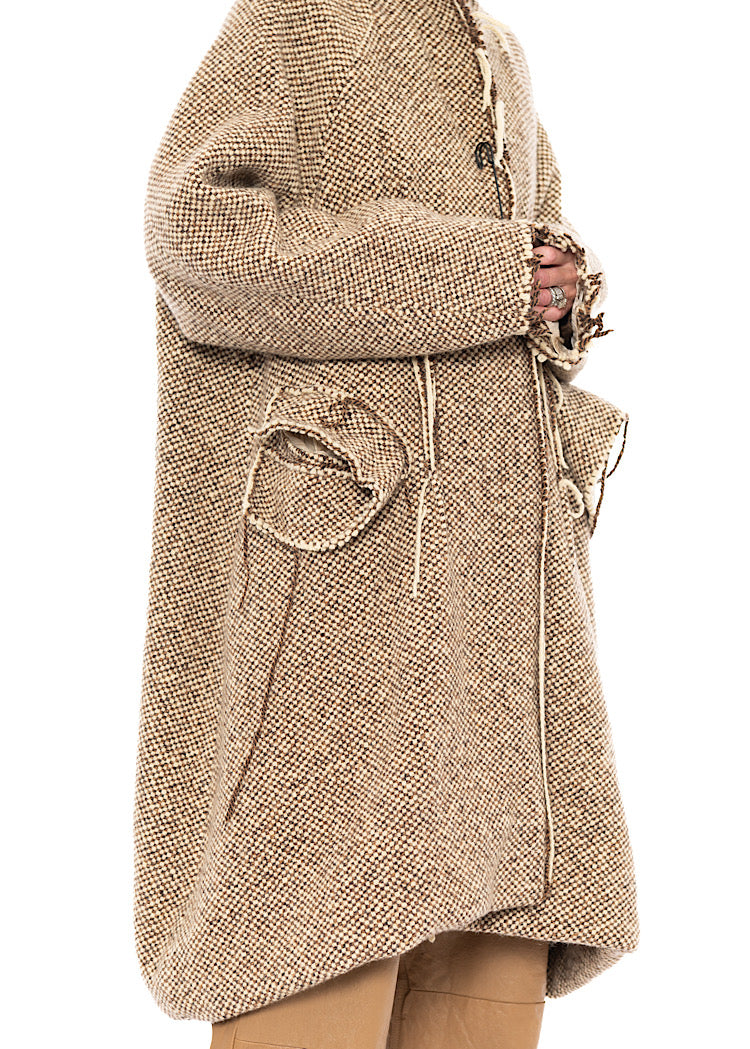 OVERSIZED DISTRESSED CHECK WOOL COAT