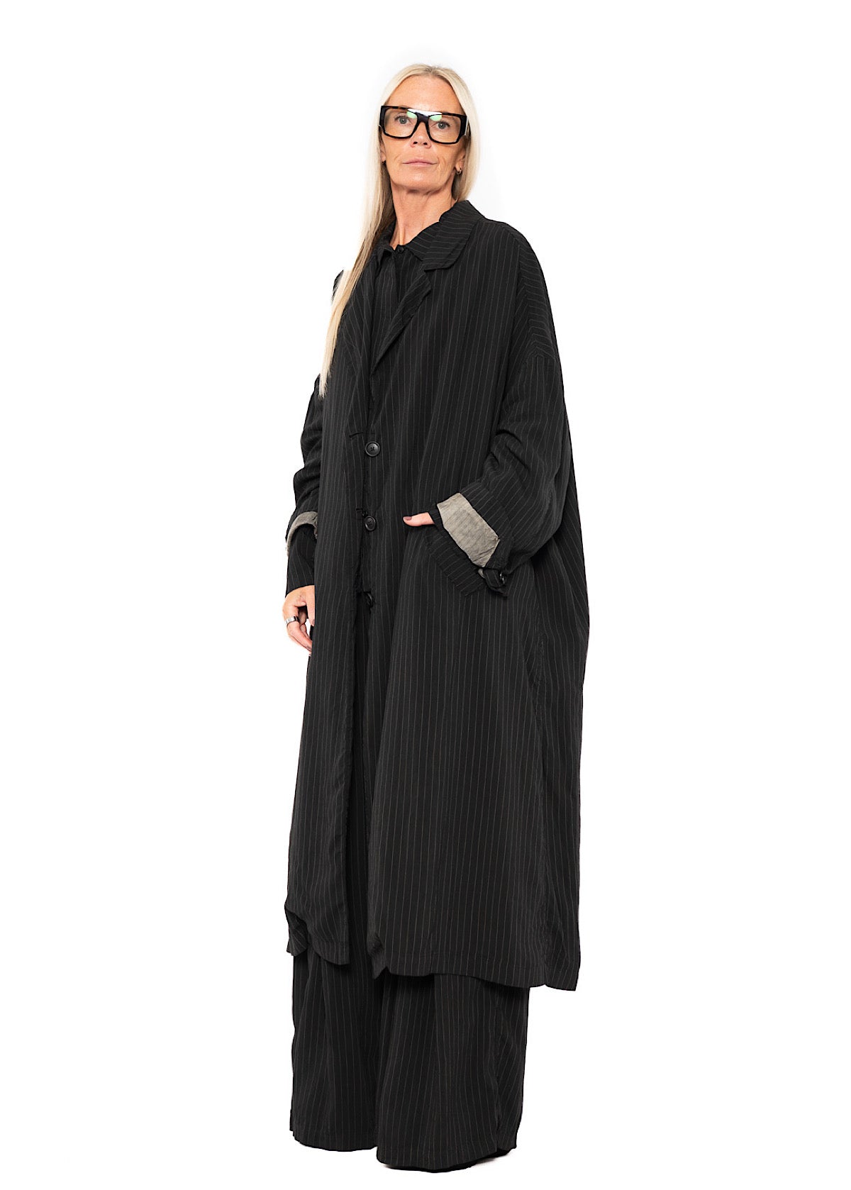 OVERSIZED PINSTRIPE DRAPED COAT