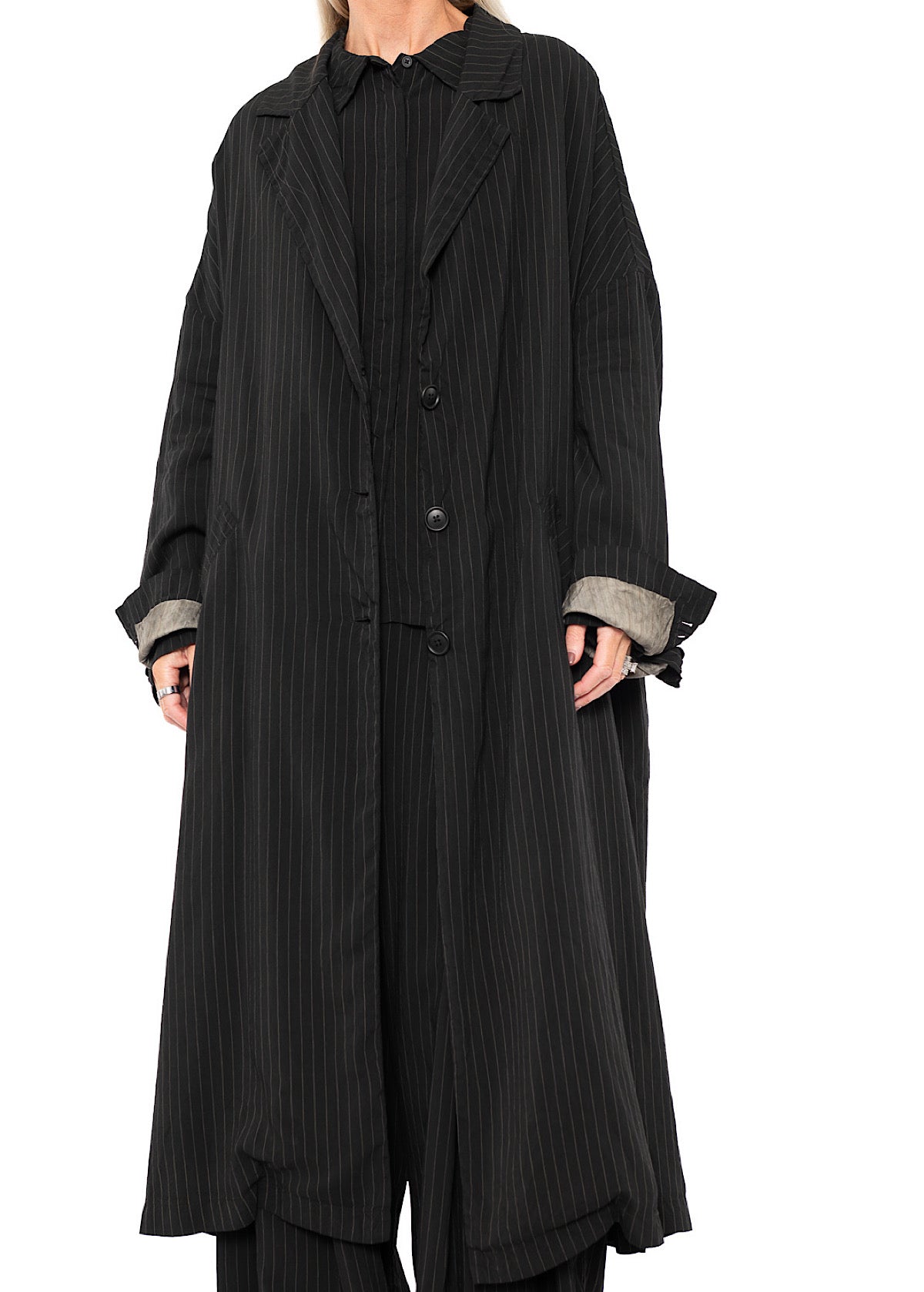 OVERSIZED PINSTRIPE DRAPED COAT