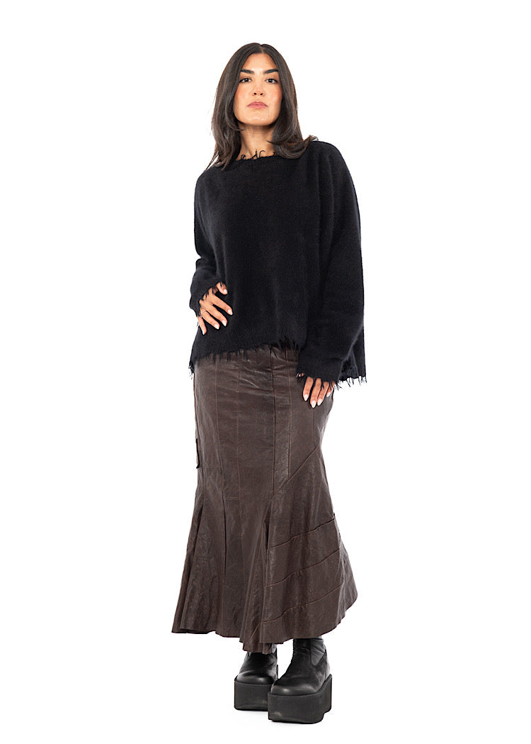 ASYMMETRIC FLARED LEATHER SKIRT