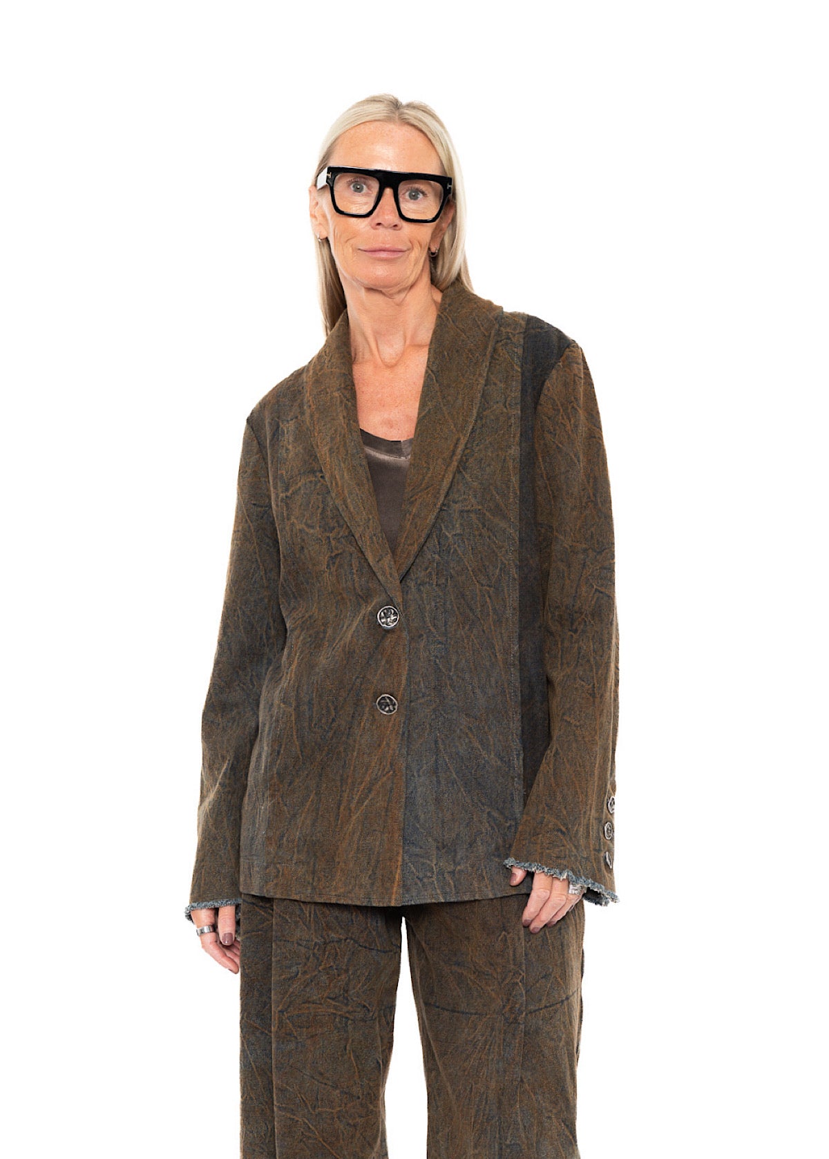 STONE-WASHED DENIM TWO-BUTTON BLAZER