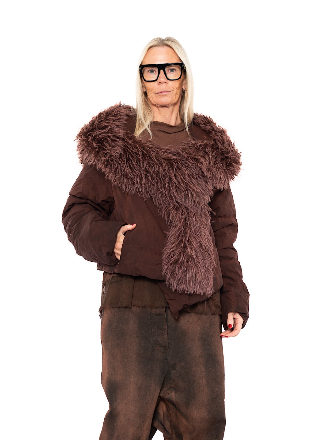 ASYMMETRIC FAUX FUR TRIM PUFFER JACKET