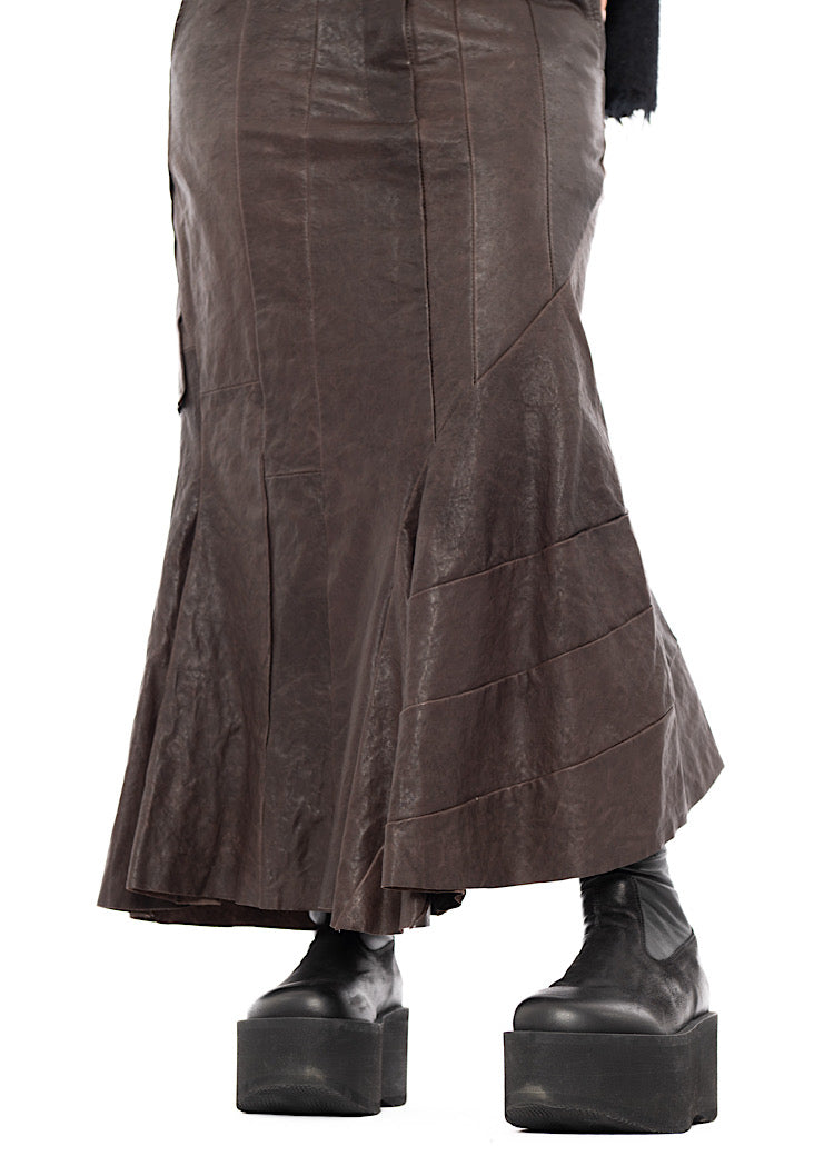 ASYMMETRIC FLARED LEATHER SKIRT