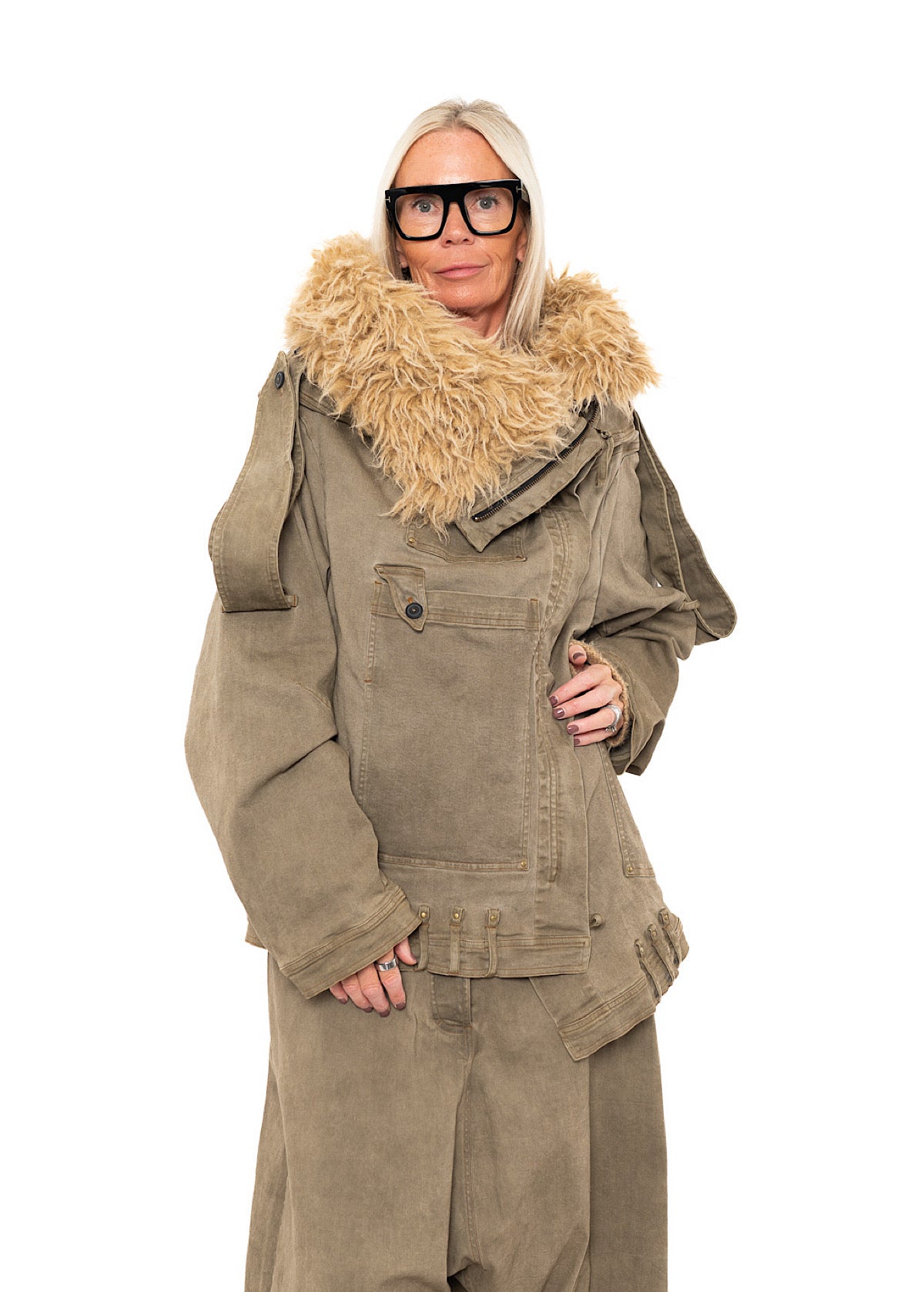 OVERSIZED FAUX FUR-TRIM DENIM JACKET