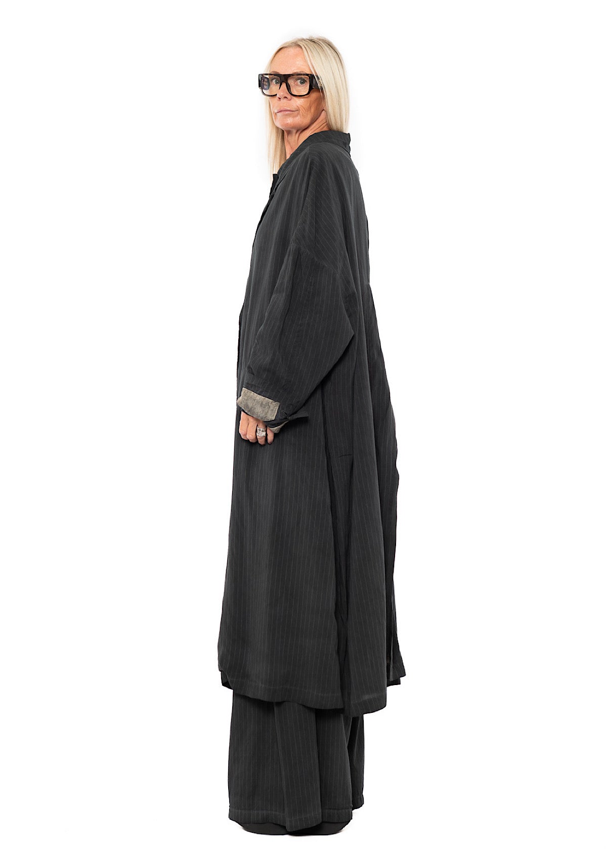 OVERSIZED PINSTRIPE DRAPED COAT