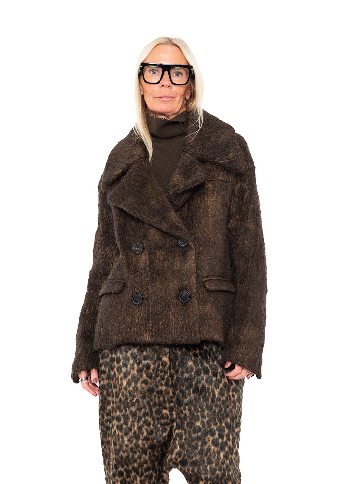 OVERSIZED LONG-HAIR WOOL JACKET WITH DETACHABLE LEOPARD COLLAR
