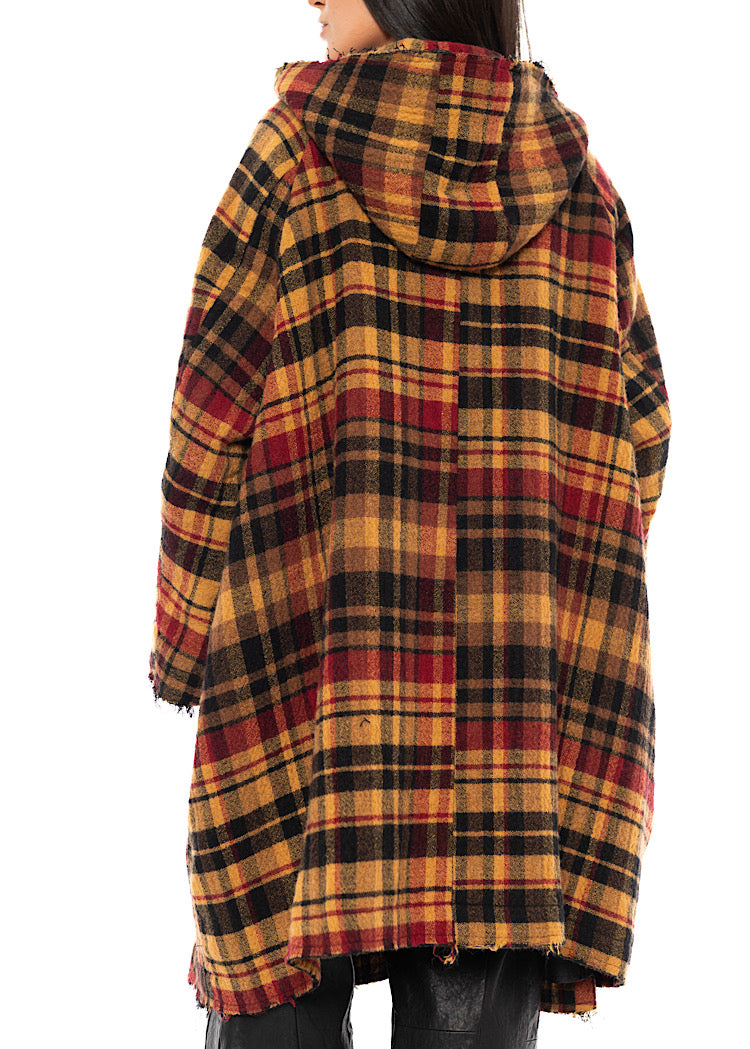 HOODED CHECK WOOL COAT