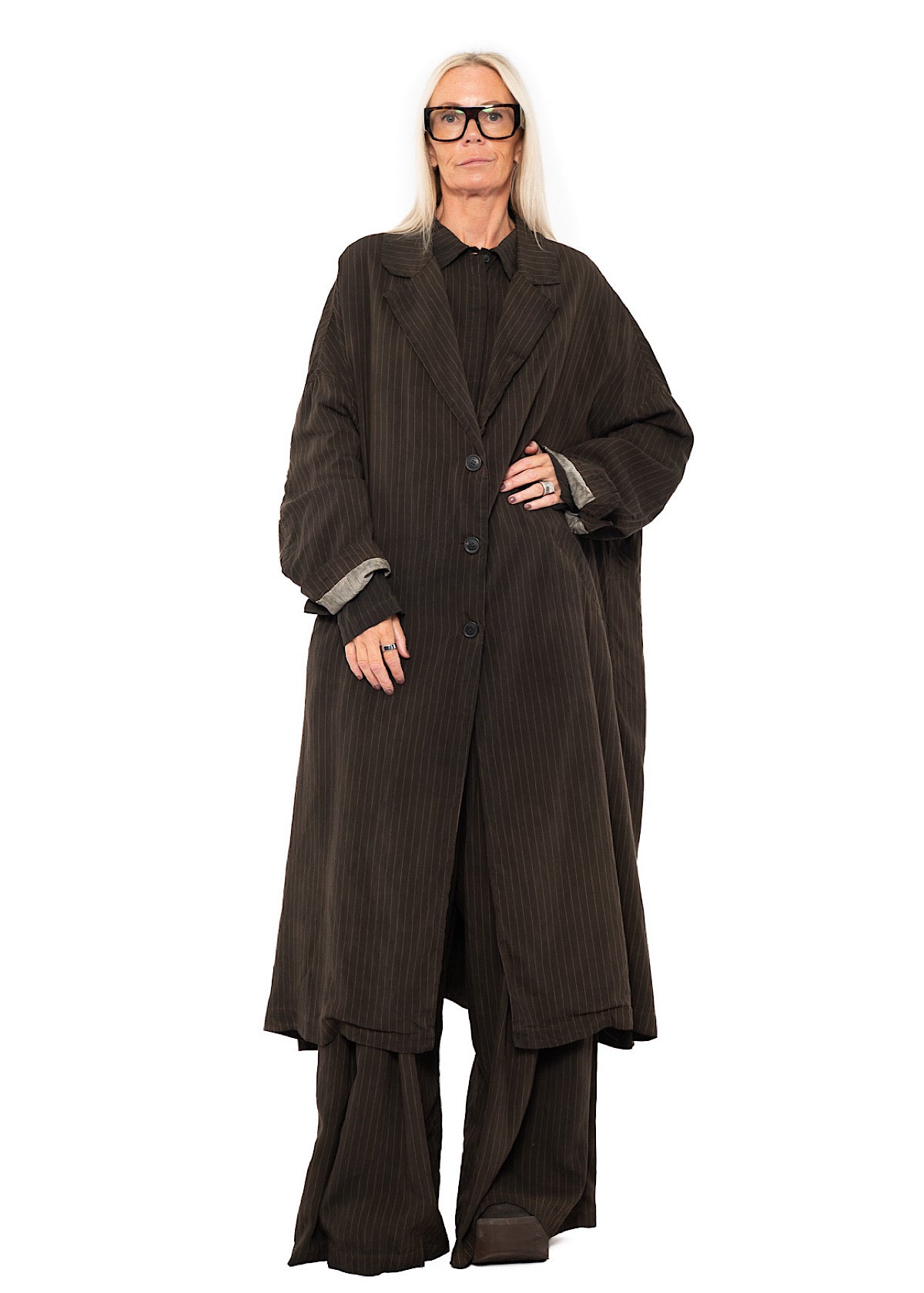 OVERSIZED PINSTRIPE DRAPED COAT