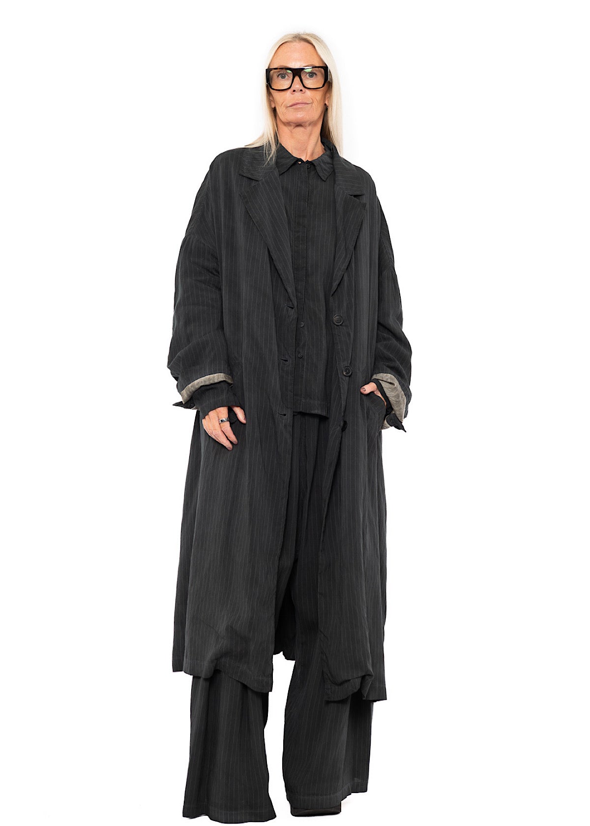 OVERSIZED PINSTRIPE DRAPED COAT