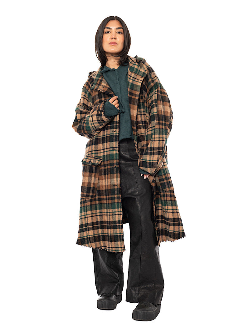 HOODED CHECK WOOL COAT