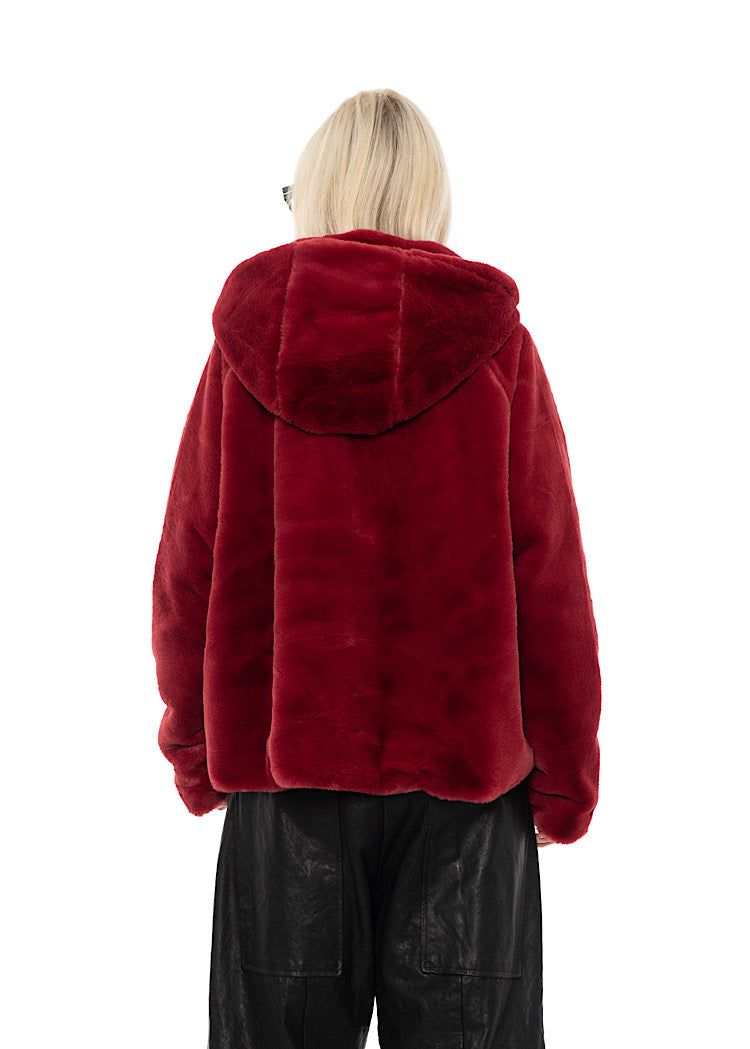 CROPPED HOODED FAUX FUR JACKET