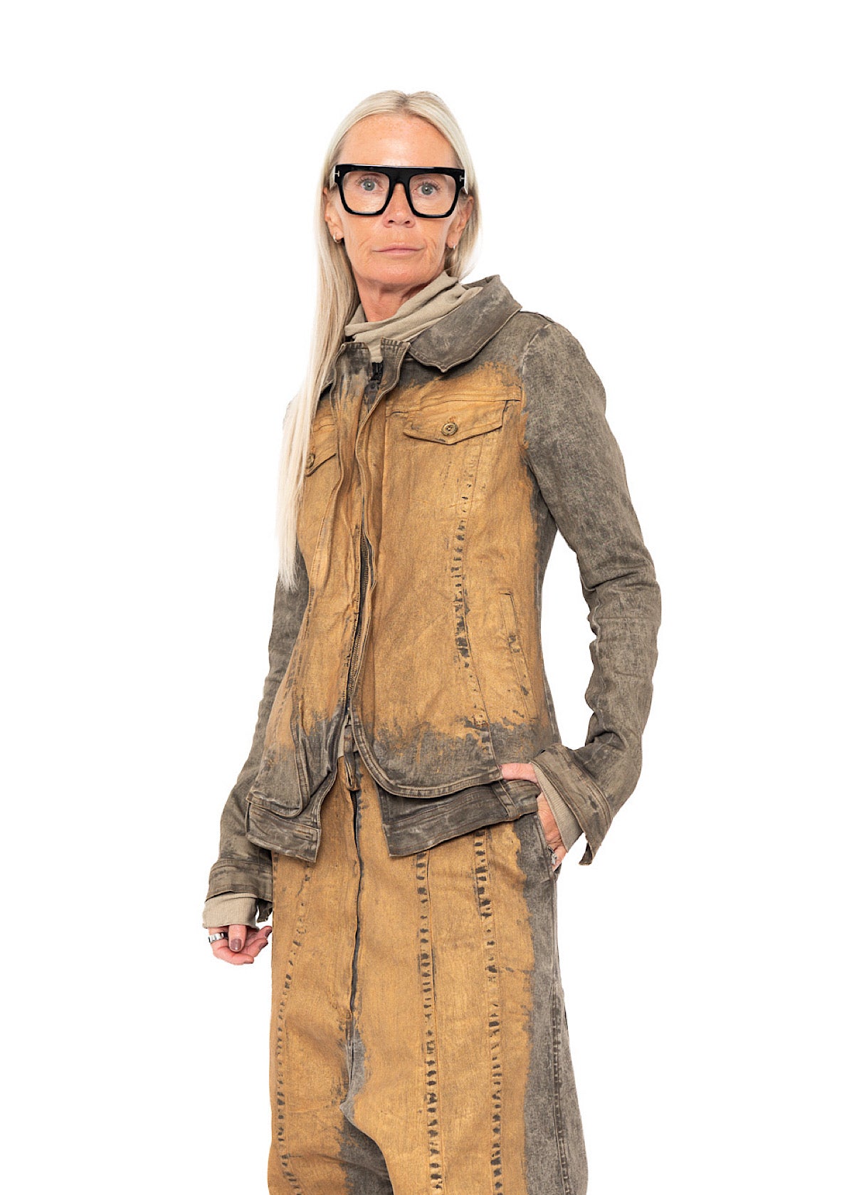 HAND-PAINTED GOLD STRETCH DENIM JACKET