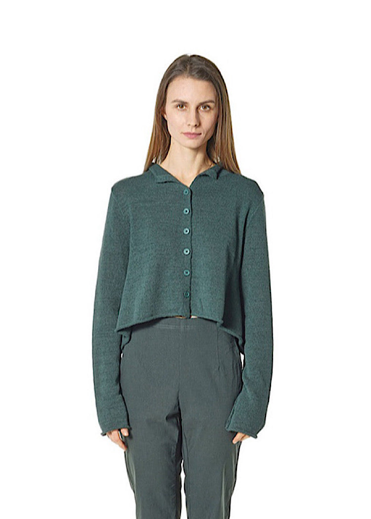 CROPPED LINEN-BLEND KNITTED CARDIGAN *BLACK* (Shown in FOREST)