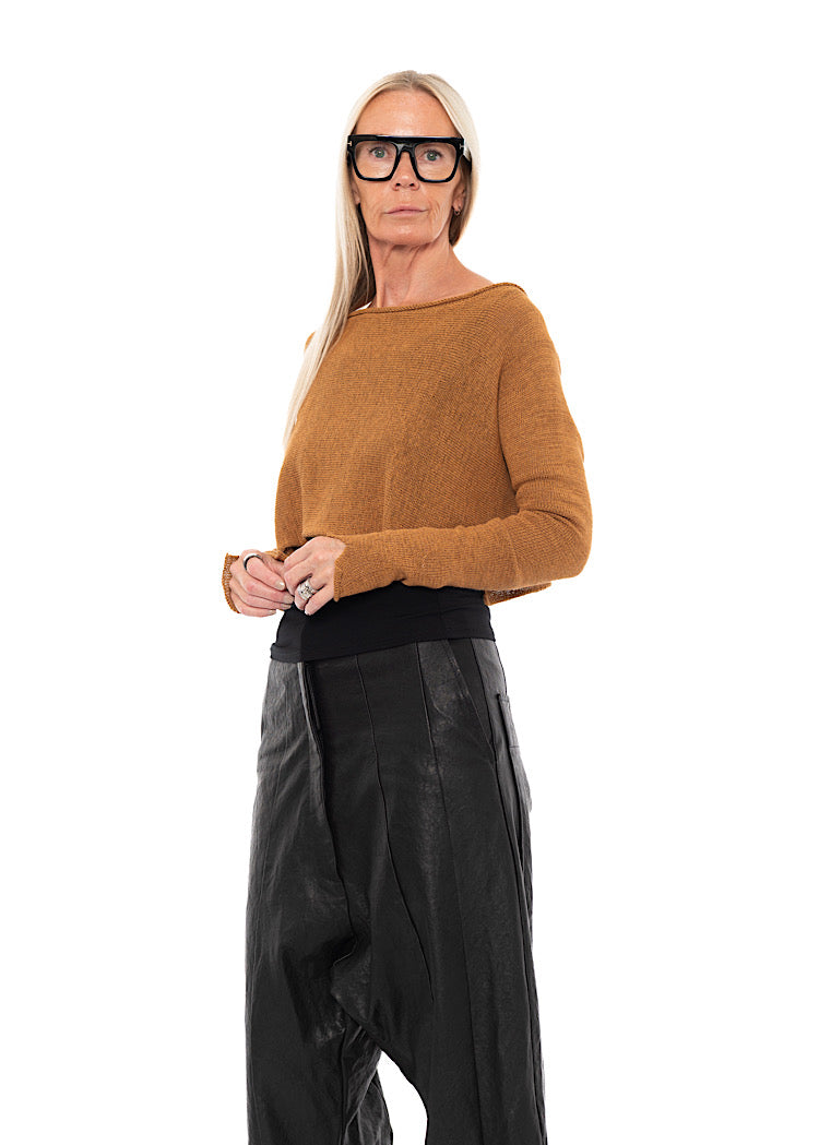 CROPPED LINEN-BLEND KNITTED PULLOVER