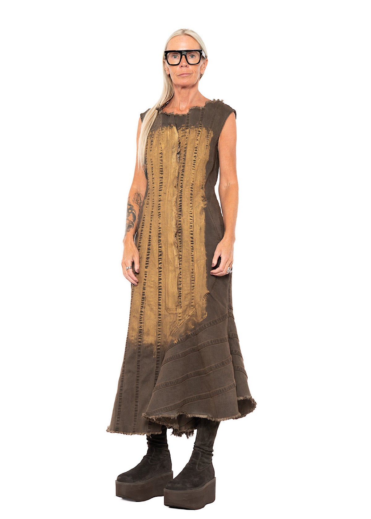 HAND-PAINTED GOLD PIGMENT DENIM DRESS