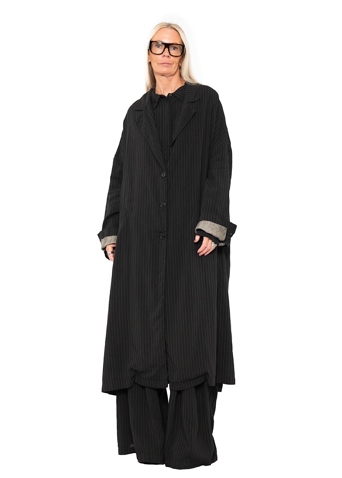 OVERSIZED PINSTRIPE DRAPED COAT