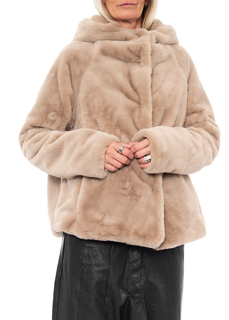 CROPPED HOODED FAUX FUR JACKET