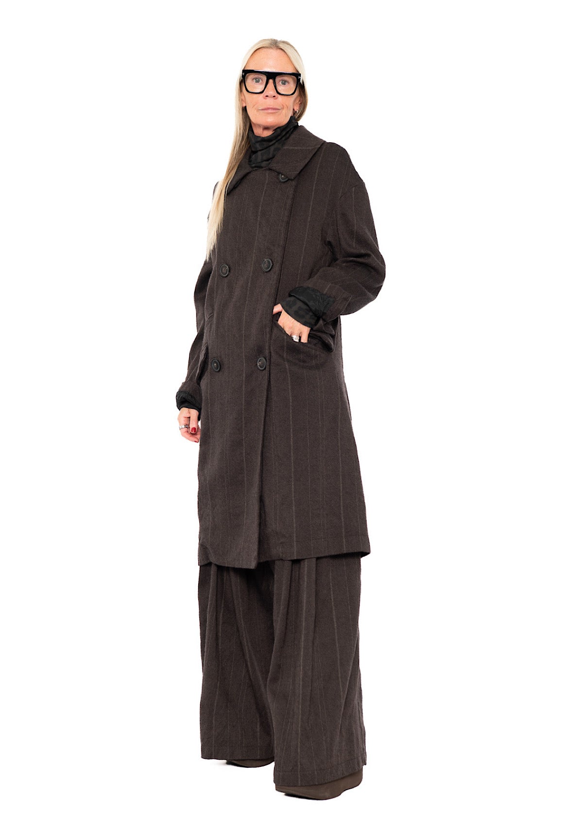 DOUBLE-BREASTED PINSTRIPE WOOL COAT