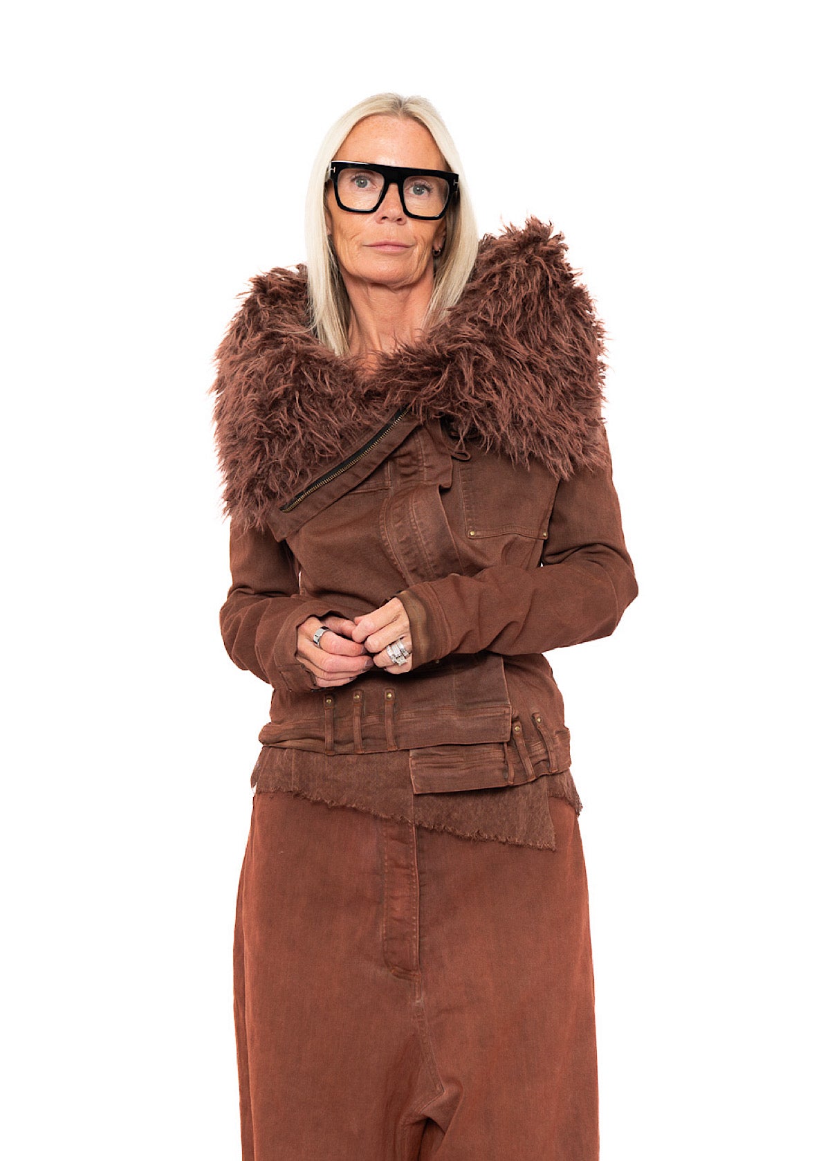 FITTED FAUX FUR-TRIM DENIM JACKET